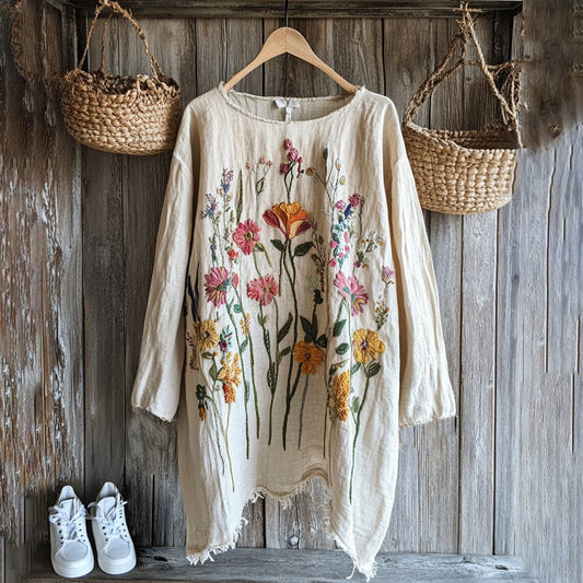 Retro Floral Embroidery Art Graphics Linen Blend Tunic artswardrobe