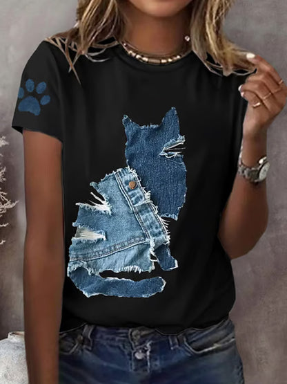 Women's Retro Funny Denim Patch Animal Cat Print T-shirt elevenforest