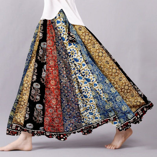 Boho Floral Patchwork Flowy Linen Blend Wide Skirt artswardrobe