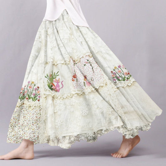 Vintage Floral Cat Lace Patchwork Art Flowy Wide Skirt artswardrobe