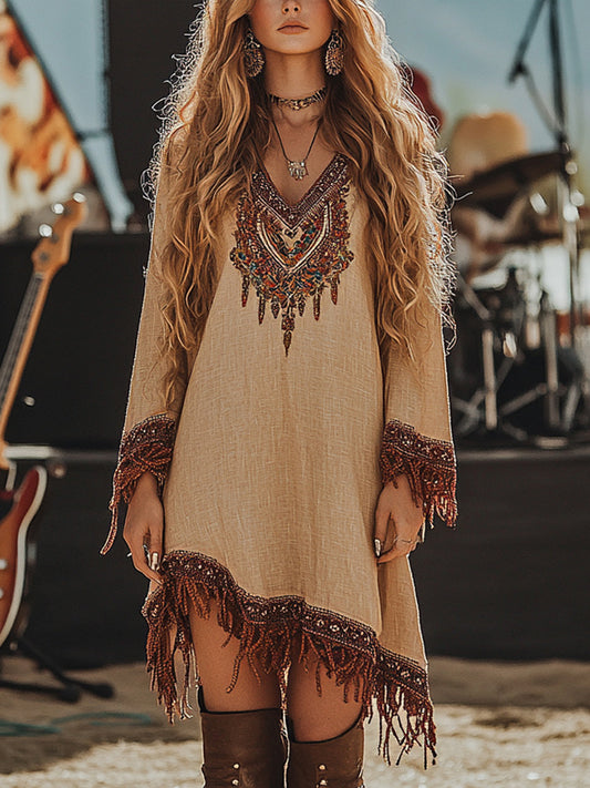 Vintage Western Tassel Trim Loose Linen Dress artswardrobe