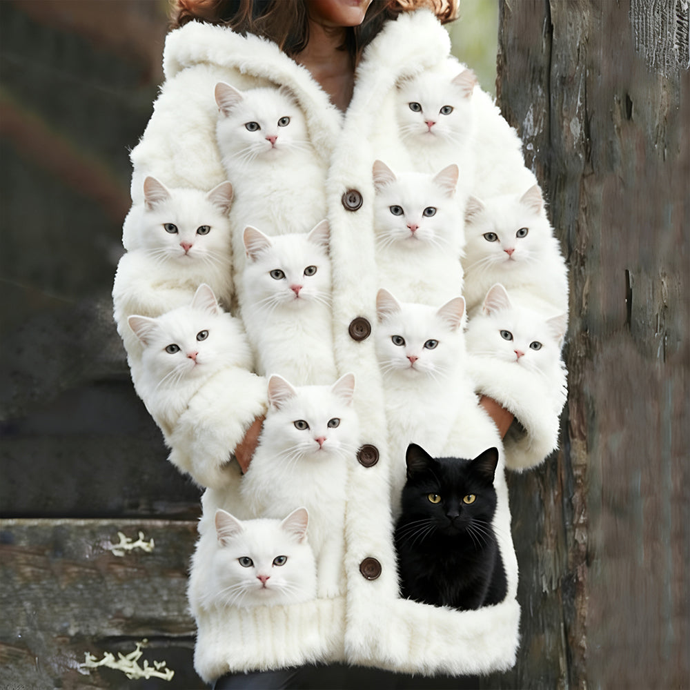 Comstylish White And Black Cat Plush Cardigan