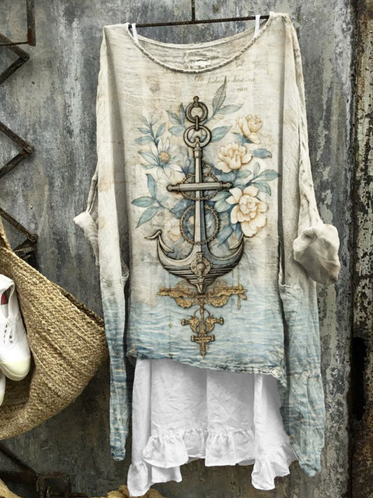 Vintage Anchor Floral Ocean Gradient Linen Tunic artswardrobe