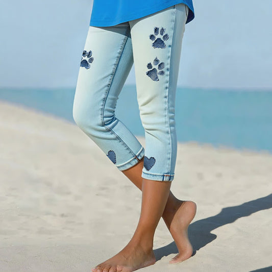 Women's Cat Paw Print Faux Denim Cropped Leggings elevenforest