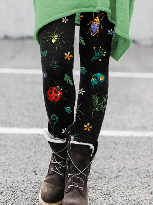 Insect Floral Embroidery Pattern Cozy Leggings artswardrobe