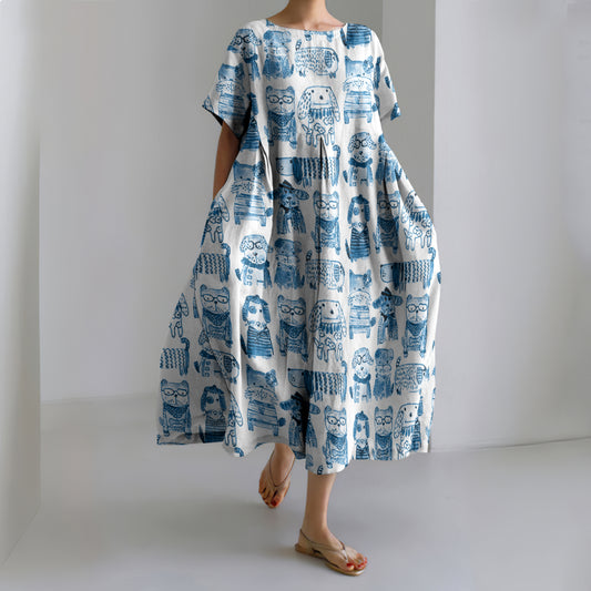 Comstylish Abstract Dog And Doggies Print Loose Midi Dress