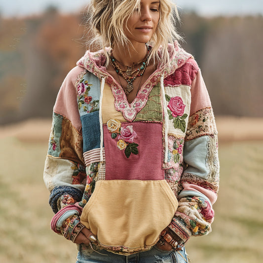Comstylish Women's Vintage Rose Floral Patchwork Art Cozy Warm Hoodie