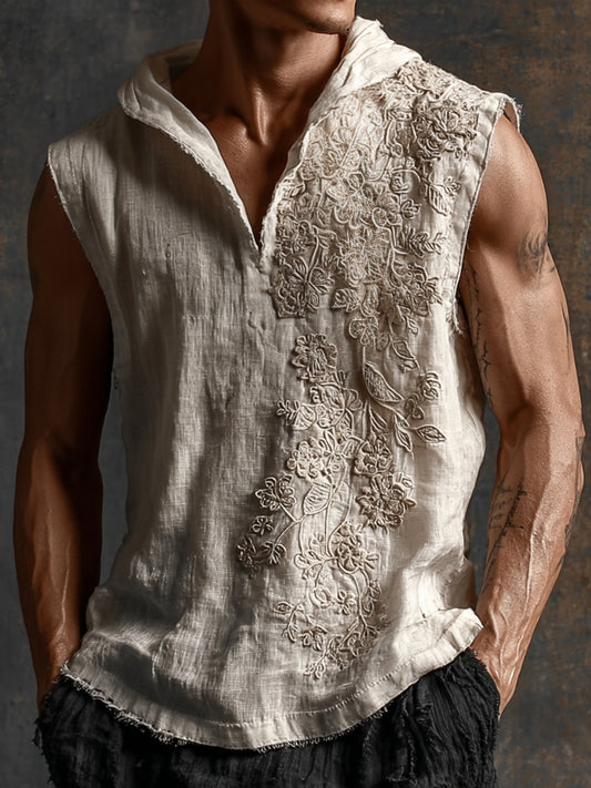 Retro Floral Lace Embroidered Hooded Linen Tank Top artswardrobe