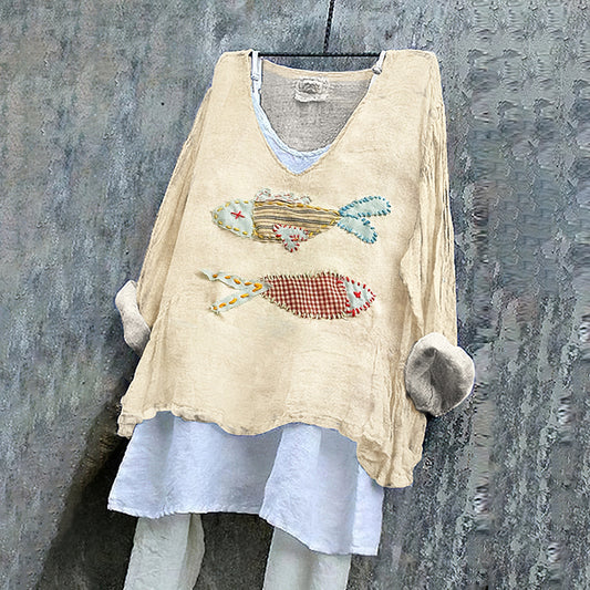 Women's Japanese Style Stitched Fish Art Pattern Vintage Linen Shirt artswardrobe