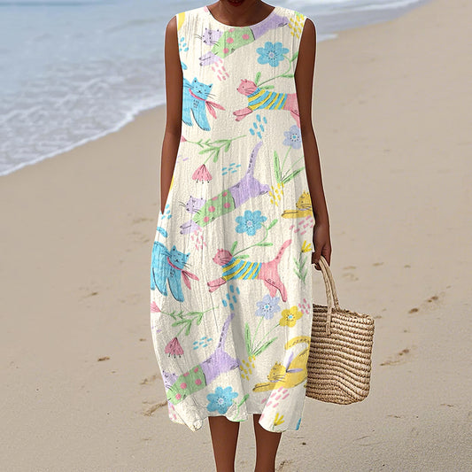 Women's Vintage Floral Cute Cat Art Print Sleeveless Dress artswardrobe