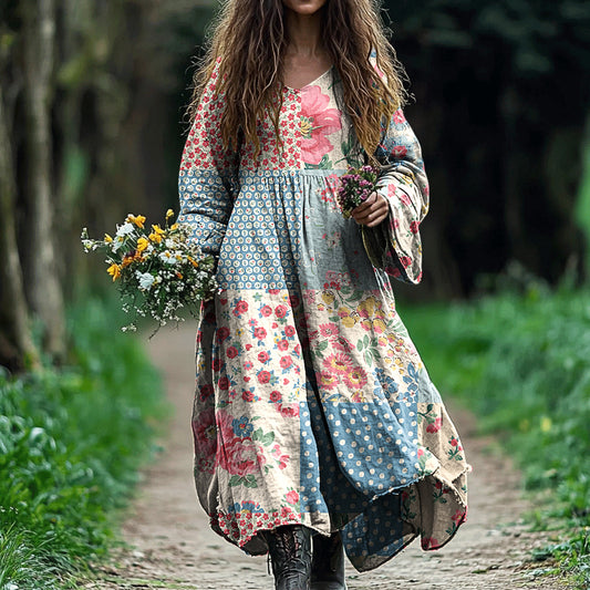 Comstylish Women's Vintage Bohemian Patch Art Dress