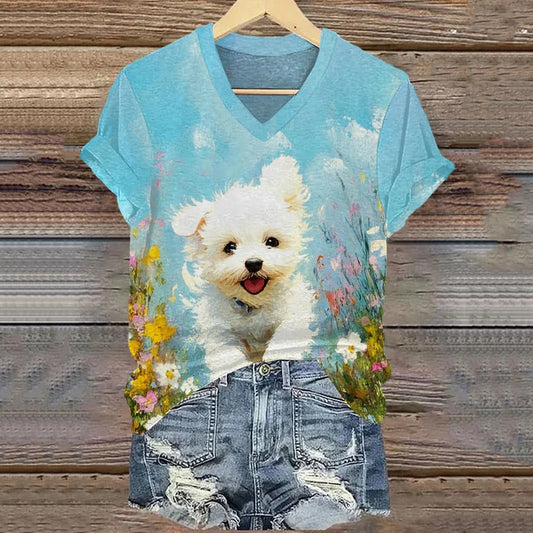 Comstylish Cute Dog Art Print Casual Short Sleeve V-neck T-shirt
