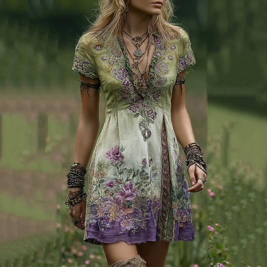 Vintage Gradient Purple Floral Embroidered Patchwork Linen Midi Dress