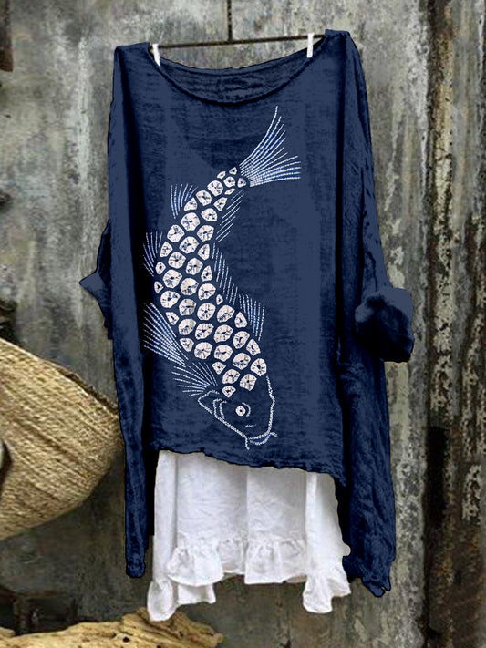 Comstylish Japanese Tie Dye Koi Linen Blend Flowy Tunic