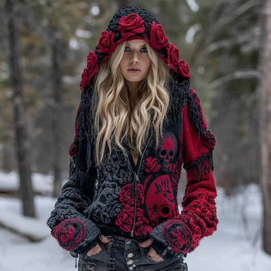Women's Vintage Skull Rose Celtic Knot Art Cozy Knit Zip Up Hooded Sweater artswardrobe