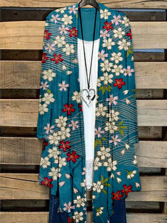 Comstylish Japanese Sakura Chiyogami Pattern Flowy Cardigan