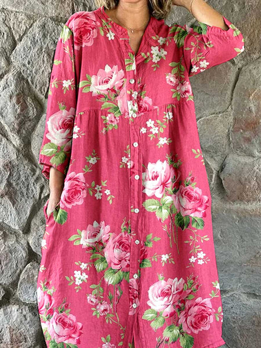 Women's Resort Art Watercolor Floral Cotton Shirt Dress