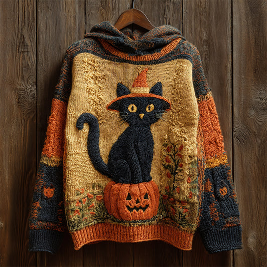 Comstylish Halloween Black Cat With Hat & Pumpkin Art Women's Knit Hooded Sweater