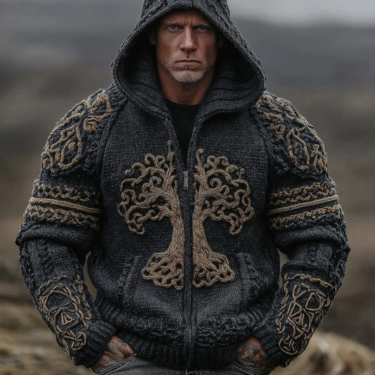 Men's Vintage Viking Life Of Tree Jacquard Knit Zipper Aran Sweater Hooded Cardigan artswardrobe