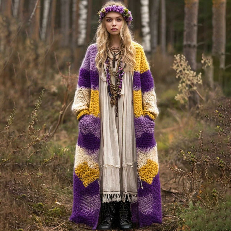 Retro Boho Style Contrast Color Comfortable Thick Cardigan artswardrobe