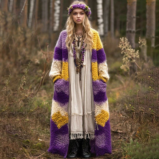 Retro Boho Style Contrast Color Comfortable Thick Cardigan artswardrobe