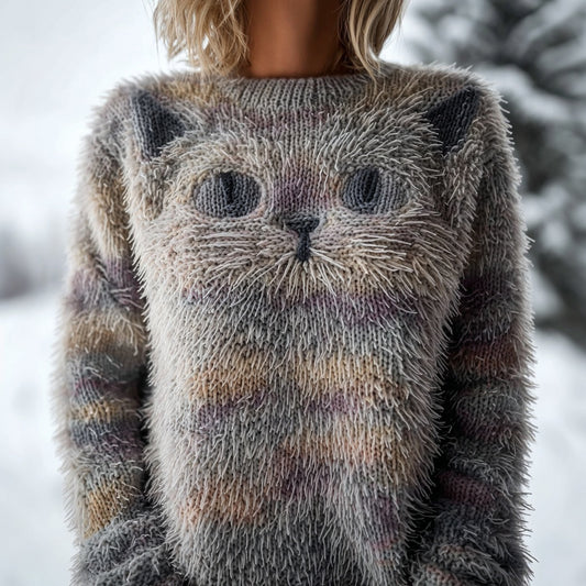 Cute Fuzzy Cat Embroidered Vintage Cozy Sweater