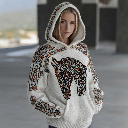 Comstylish Women's Retro Celtic Horse And Floral Pattern Comfortable Hooded Sweater