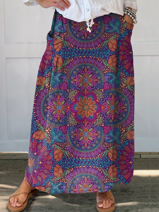 Women's Vintage Floral Art Print Linen Pocket Skirt