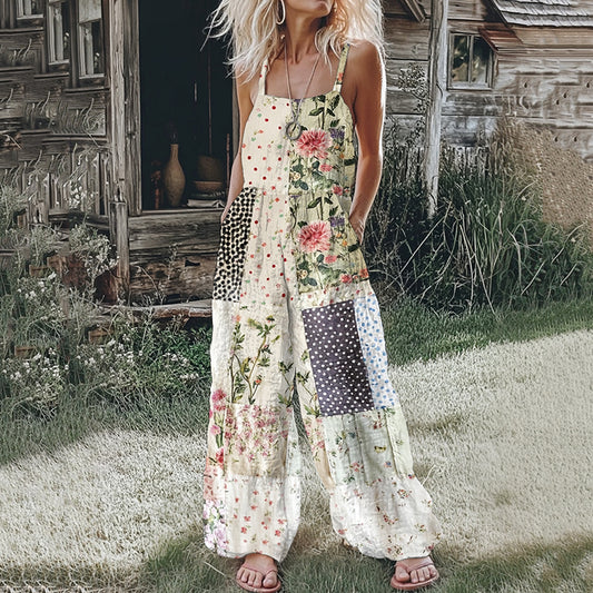 Women's Farm Floral Patchwork Linen Print Jumpsuit artswardrobe