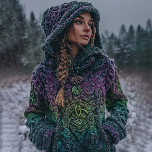 Women's Vintage Celtic Knot Gradient Art Knit Hooded Sweater artswardrobe