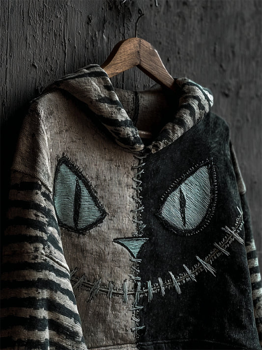 Halloween Vintage Cat Face Contrast Stitched Striped Sleeve Hoodie elevenforest