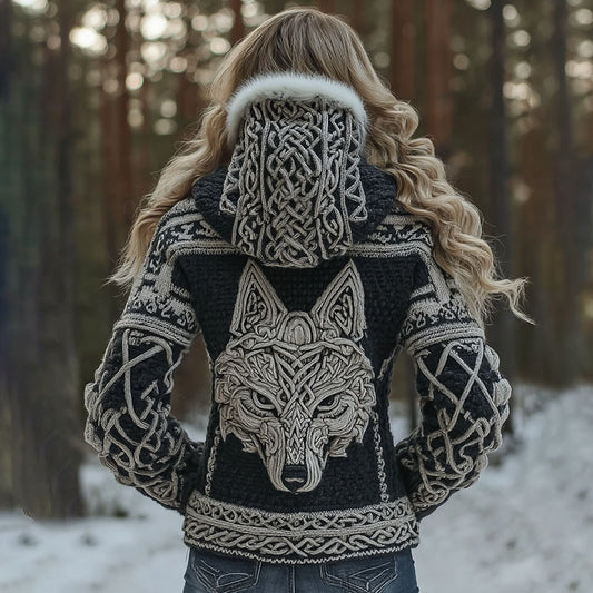 Comstylish Women's Viking Wolf Celtic Knot Art Cozy Fur Collar Knit Hooded Sweater Jacket