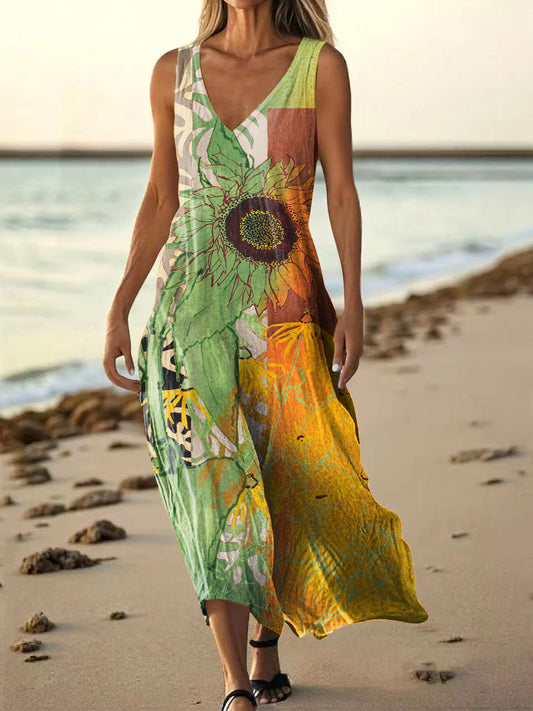 Women's Vintage Bohemian Sunfloral Art Print Pocket Cotton Dress