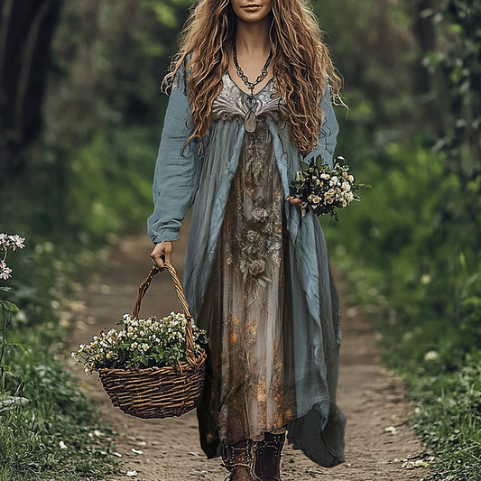 Vintage Floral Print Loose Midi Dress artswardrobe