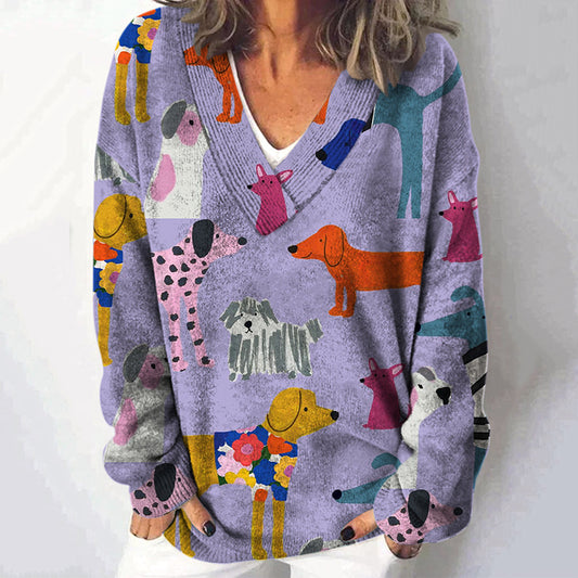 Comstylish Dog Print V-Neck Long Sleeved Knitted Pullover Sweater
