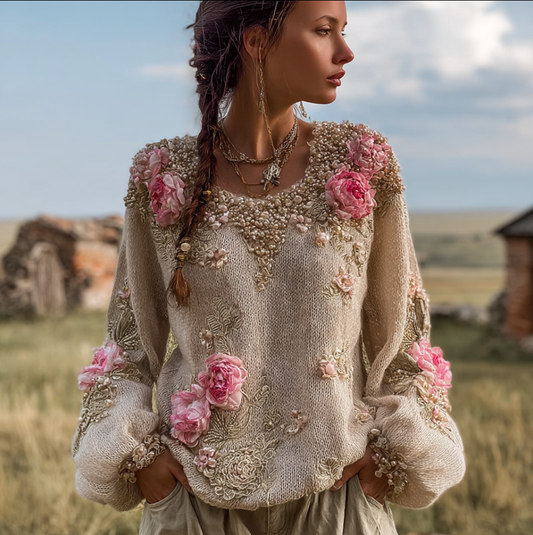Bohemian Style Round Neck Long Sleeve 3d Floral Design Women's Sweater elevenforest