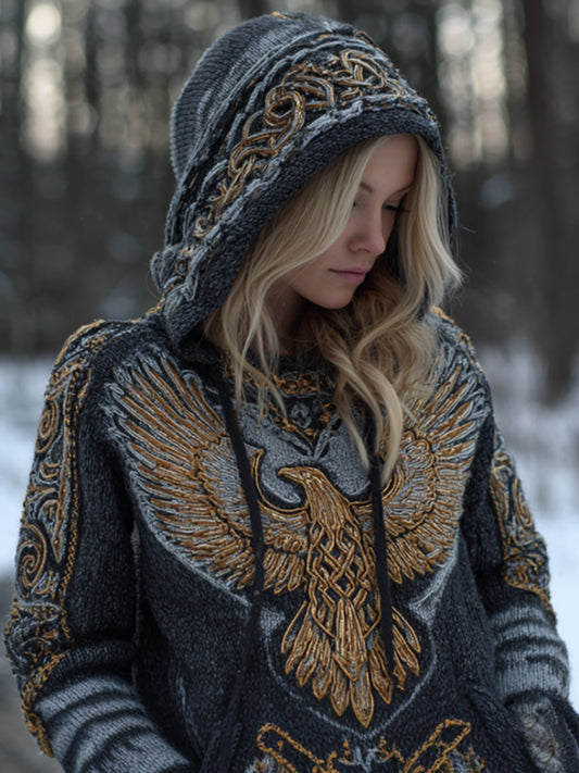 Women's Viking Golden Crow Embroidery Tie-dye Vintage Hooded Sweater elevenforest