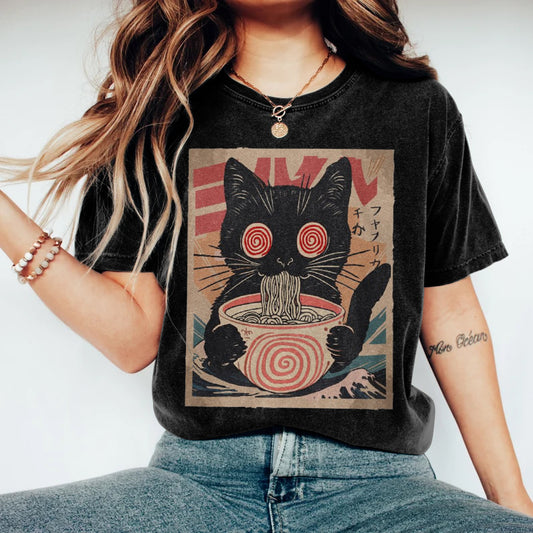 Comstylish Japanese Ramen Cat Print Women's T-shirt
