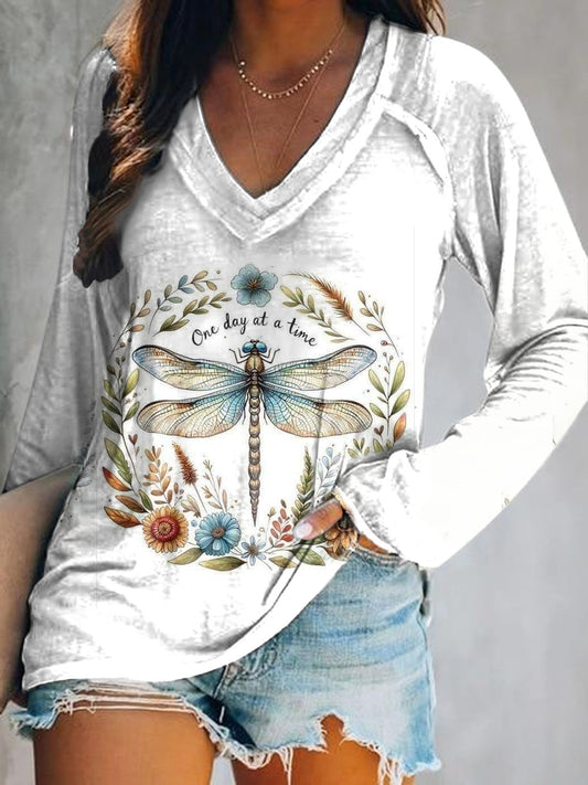 Women's Dragonfly Floral Art Print V-Neck Long Sleeve Top