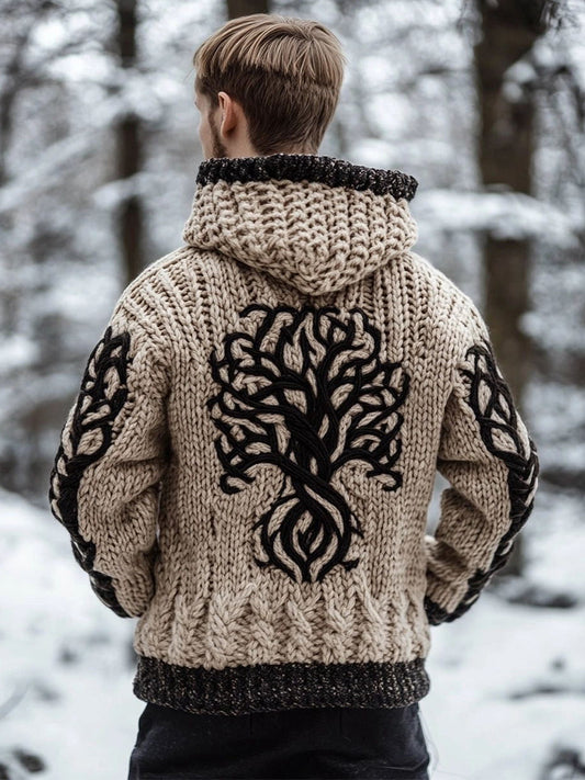 Men's Vintage Viking Style Jacquard Cozy Knit Hooded Cardigan artswardrobe