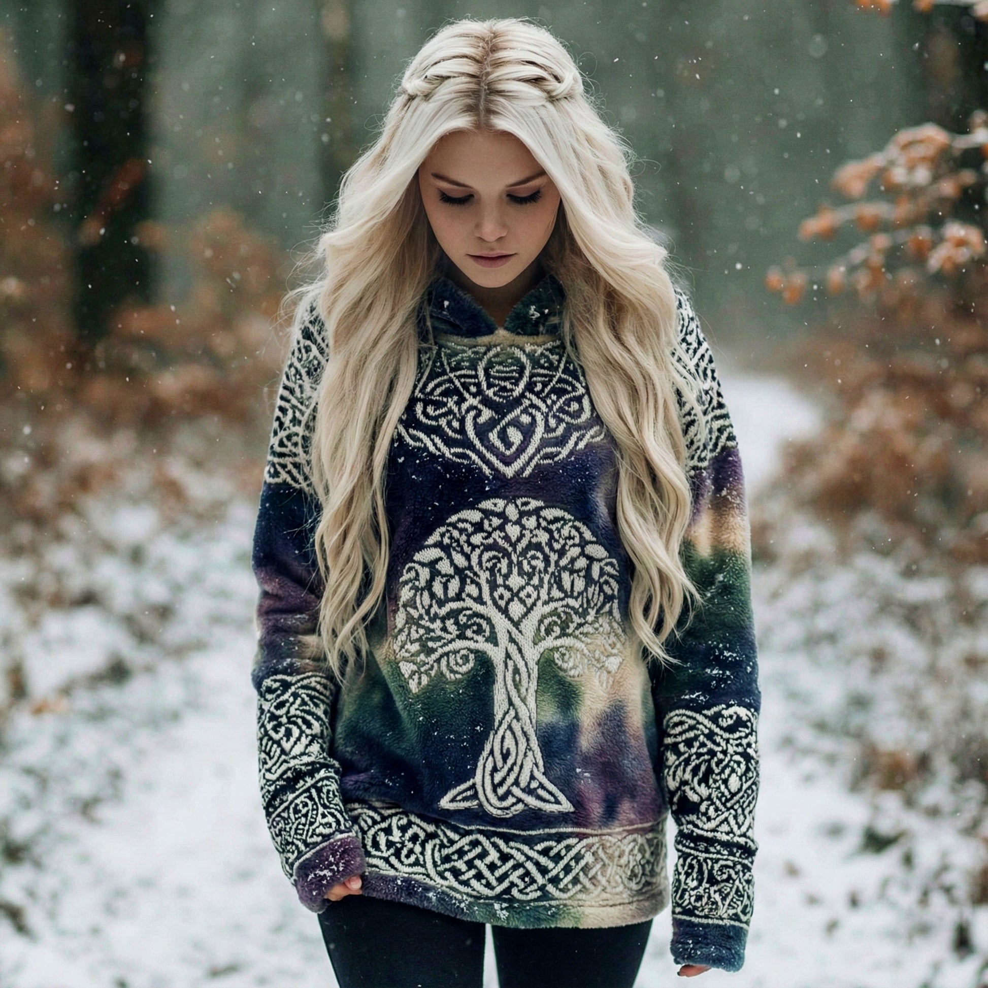 Comstylish Women's Vintage Viking Celtic Tree Of Life Gradient Art Plush Cozy Hoodie