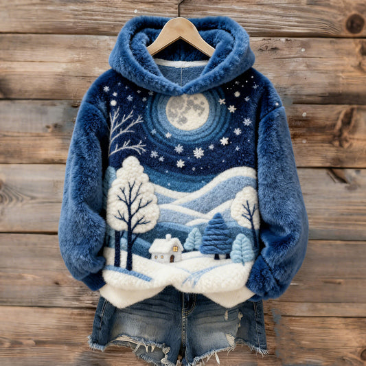 Women's Christmas House Tree Art Plush Hoodie