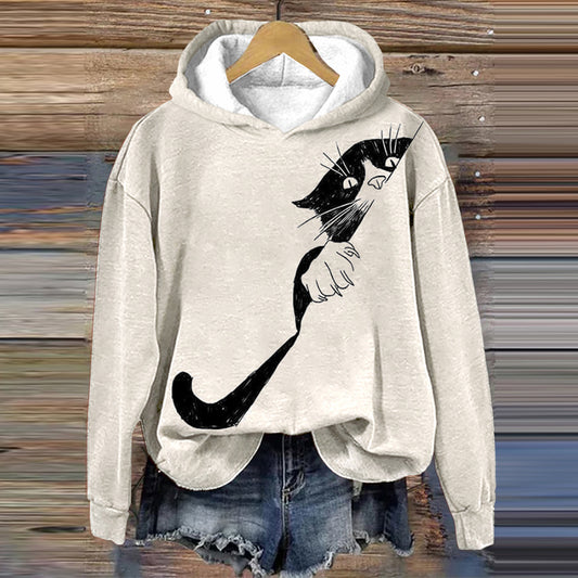 Abstract Creative Peek-A-Boo Black Cat Print Casual Sweatshirt elevenforest