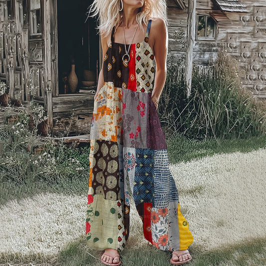 Women's Patchwork Linen Print Cotton Linen Jumpsuit artswardrobe