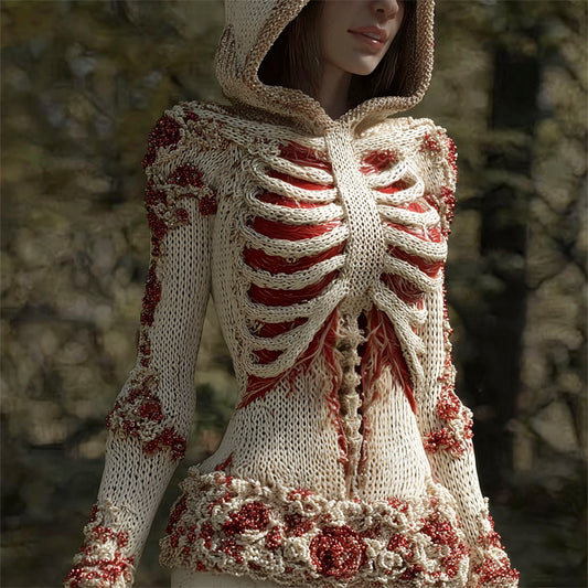 Comstylish Halloween 3d Skeleton Floral Art Women's Knit Hooded Sweater