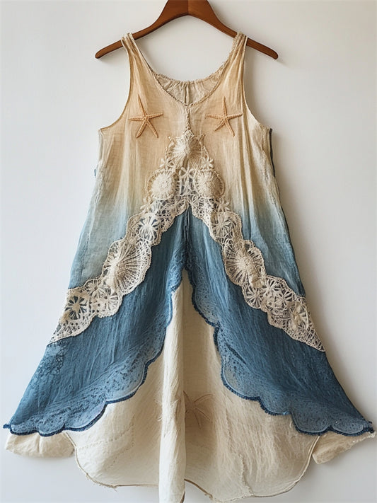 Starfish Embroidered  Sea Shell Lace Waves Gradient Flowy Linen Dress artswardrobe