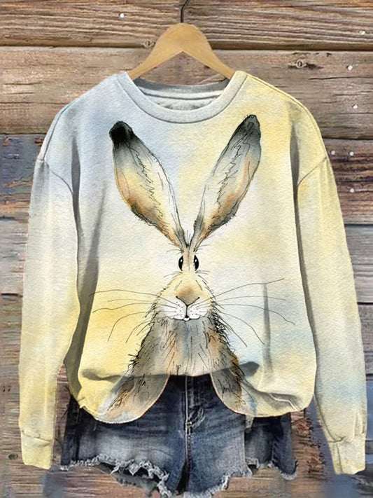 Watercolor Rabbit Print Casual Cozy Sweatshirt artswardrobe