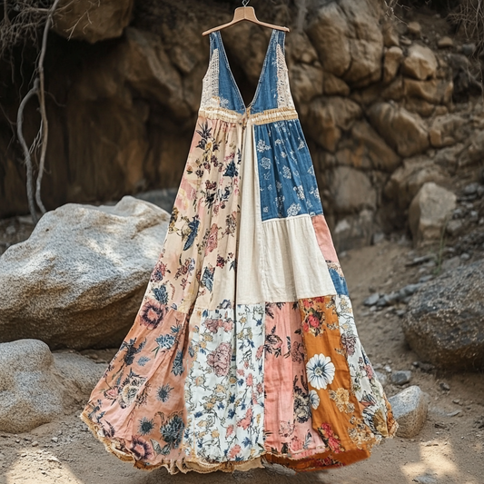 Comstylish Women's Vintage Bohemian Denim Patch Sleeveless Dress