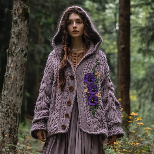 Women's Vintage Purple Pansy Embroidery Chunky Knit Hooded Cardigan artswardrobe