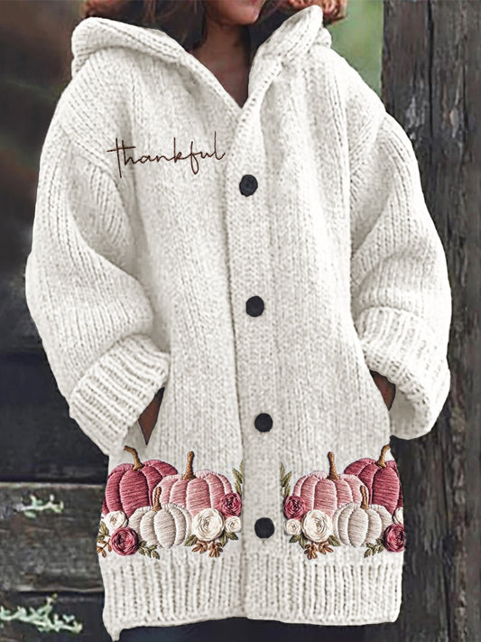 Thanksgiving Thankful Pink Pumpkins Floral Embroidered Cozy Hooded Cardigan artswardrobe